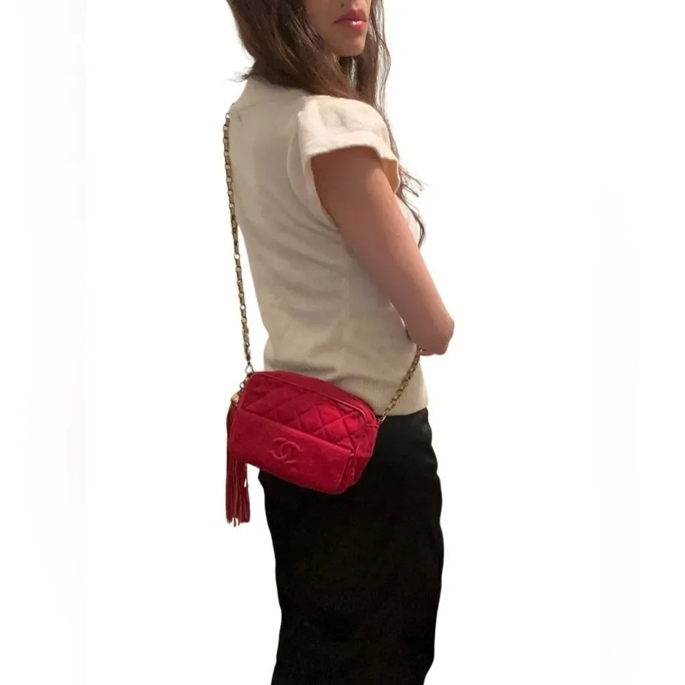 Chanel Quilted Red Crossbody Bag with Gold Chain